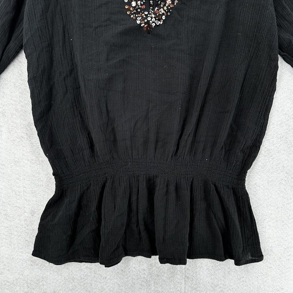 Chicos Top 3 (XL) Pullover Gauzy Sheer Black Elastic Waist Sequins Beaded Blouse - Picture 6 of 16